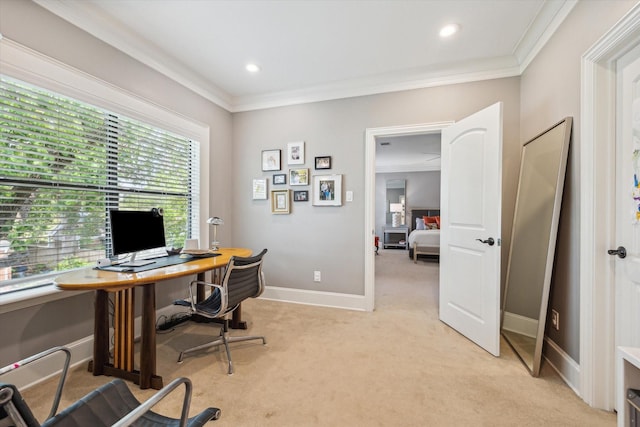 office area featuring crown molding, recessed lighting, baseboards, and light colored carpet