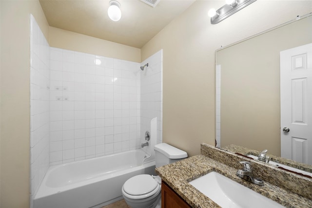 full bath featuring toilet, vanity, and bathing tub / shower combination