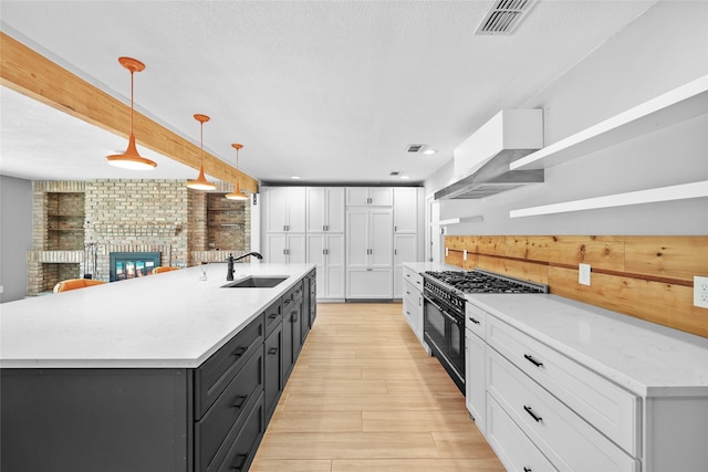 kitchen featuring white cabinets, exhaust hood, visible vents, a sink, and range with two ovens