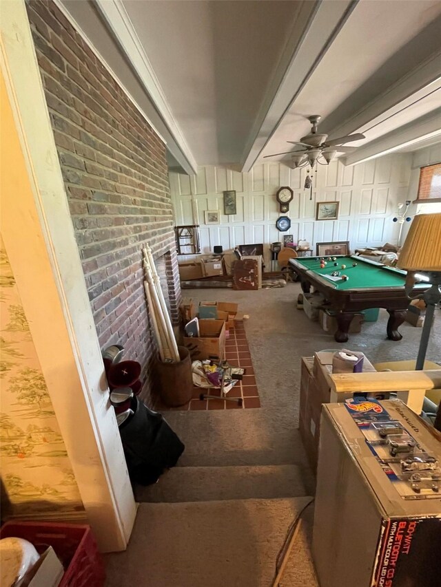 recreation room with carpet floors, a ceiling fan, pool table, and brick wall