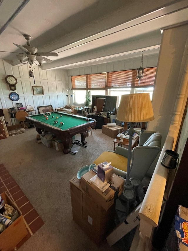 recreation room featuring carpet floors, beam ceiling, pool table, and ceiling fan