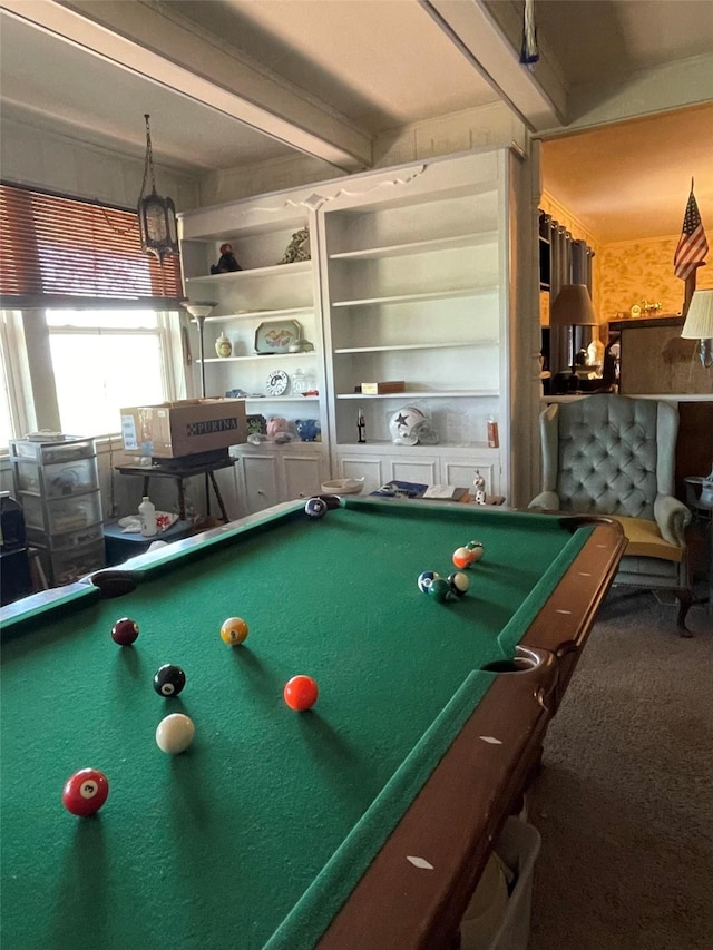 recreation room featuring pool table and carpet flooring