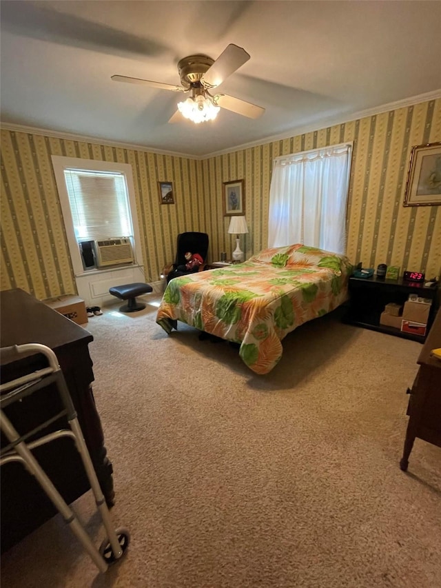 bedroom with cooling unit, wallpapered walls, a ceiling fan, and carpet floors
