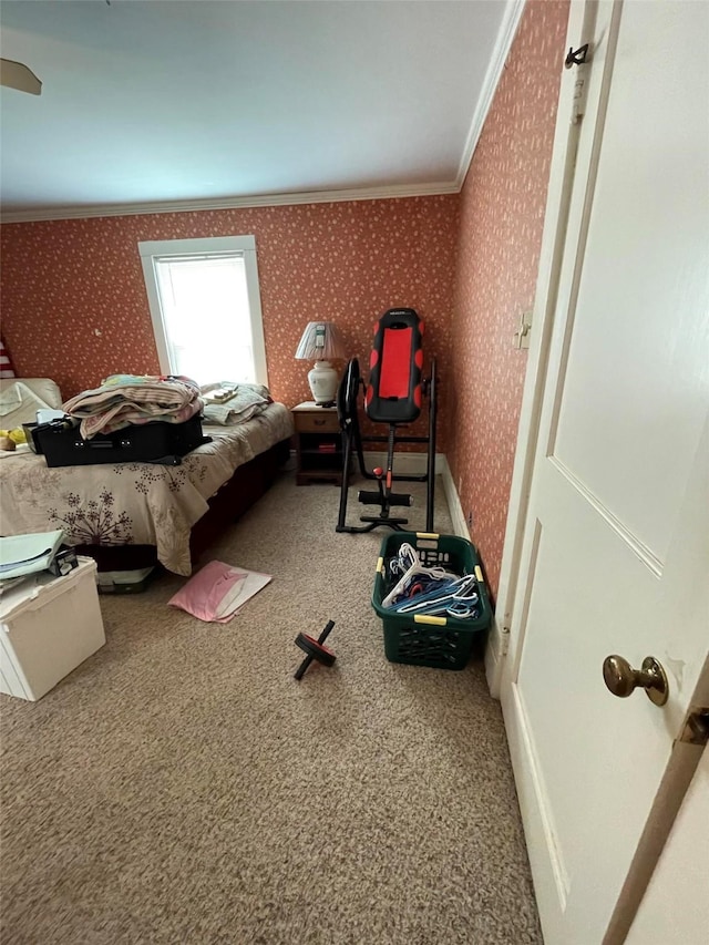 bedroom with wallpapered walls, carpet, and ornamental molding