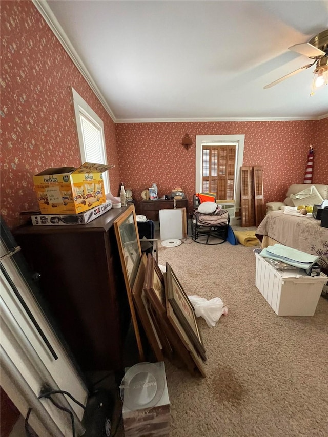 misc room featuring wallpapered walls, carpet floors, and ornamental molding