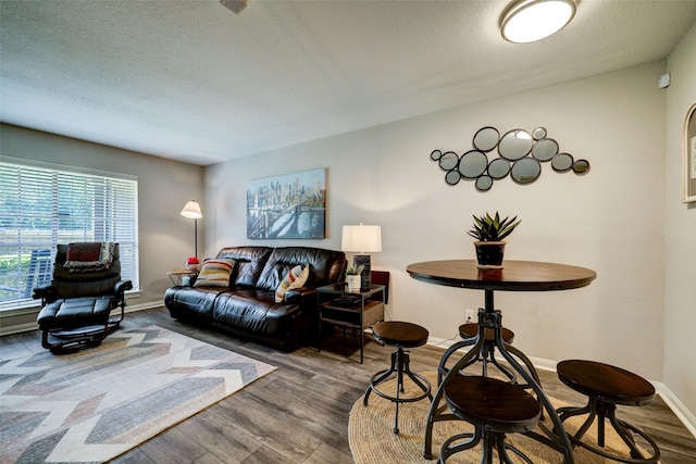 living room with baseboards, wood finished floors, and a textured ceiling