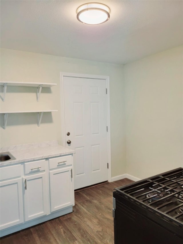 151 Canton, San Antonio, TX 78202 - kitchen featuring dark wood-style flooring, open shelves, white cabinetry, baseboards, and light stone countertops