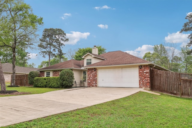 single story home featuring concrete driveway, a chimney, a front lawn, an attached garage, and fence