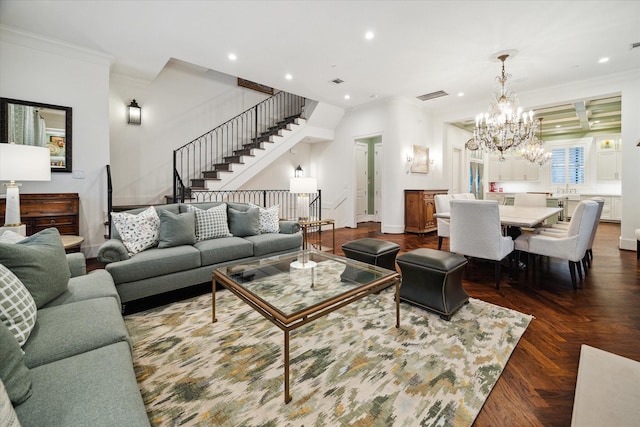 305 Royale Heights Ln, Houston, TX 77024 - living room featuring recessed lighting, stairway, visible vents, ornamental molding, and a chandelier