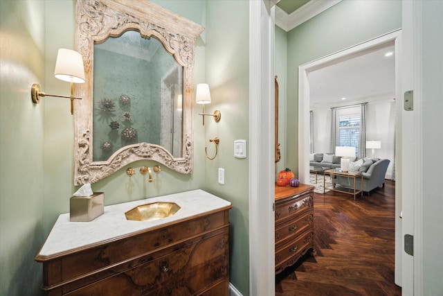 305 Royale Heights Ln, Houston, TX 77024 - bathroom with vanity and crown molding