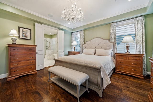 305 Royale Heights Ln, Houston, TX 77024 - bedroom with dark wood-style floors, baseboards, an inviting chandelier, crown molding, and ensuite bath