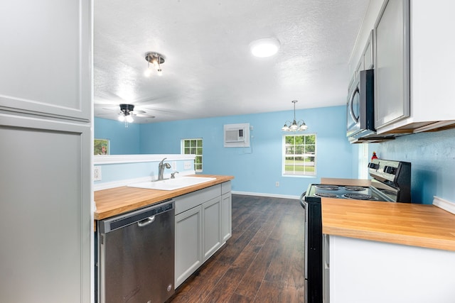 kitchen featuring appliances with stainless steel finishes, a sink, wood counters, baseboards, and dark wood-style floors
