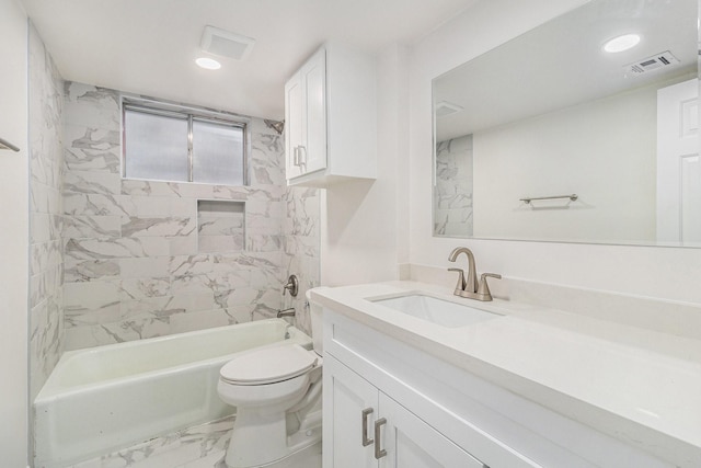1510 Tarberry Rd, Houston, TX 77088 - bathroom featuring marble finish floors, toilet, bathtub / shower combination, vanity, and recessed lighting