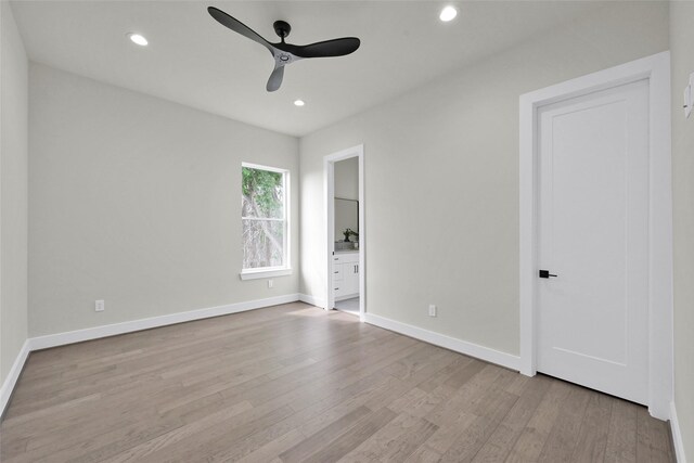 unfurnished bedroom with baseboards, recessed lighting, wood finished floors, and a ceiling fan
