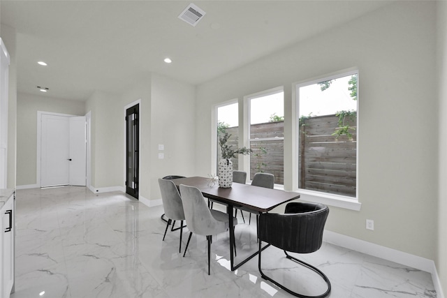 dining room with recessed lighting, marble finish floor, visible vents, and baseboards