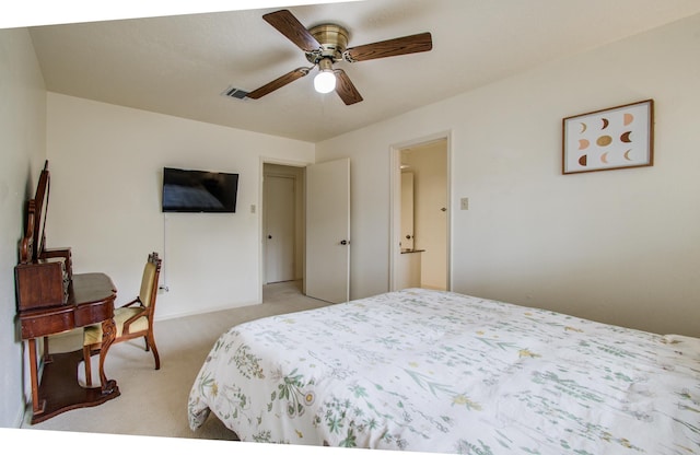 bedroom with ceiling fan, light colored carpet, and visible vents