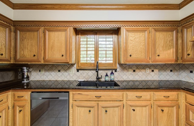 kitchen featuring backsplash, a sink, tile patterned flooring, and dishwasher