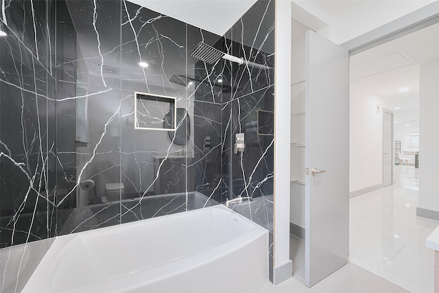 14823 Forest Lodge Dr, Houston, TX 77070 - bathroom with tile patterned flooring, walk in shower, and a bathing tub