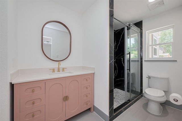 14823 Forest Lodge Dr, Houston, TX 77070 - bathroom featuring vanity, toilet, baseboards, a shower stall, and visible vents