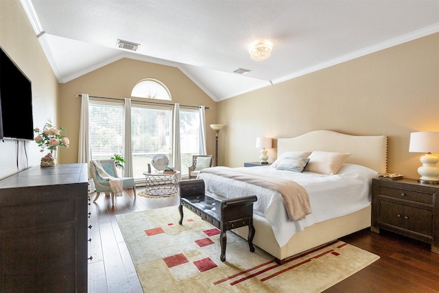 3902 Lakeridge Canyon Dr, Sugar Land, TX 77498 - bedroom with dark wood finished floors, lofted ceiling, and crown molding