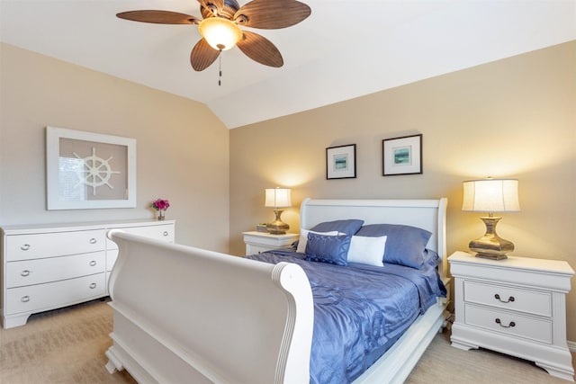 3902 Lakeridge Canyon Dr, Sugar Land, TX 77498 - bedroom with light carpet, vaulted ceiling, and ceiling fan