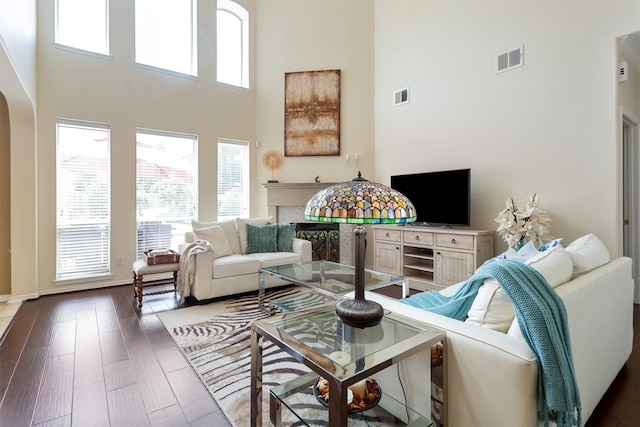 3902 Lakeridge Canyon Dr, Sugar Land, TX 77498 - living room with a high ceiling, a fireplace, dark wood finished floors, and arched walkways
