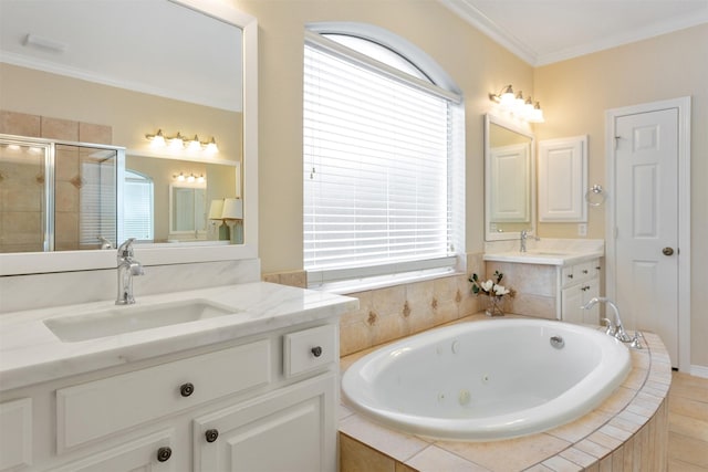 3902 Lakeridge Canyon Dr, Sugar Land, TX 77498 - full bathroom featuring a shower stall, plenty of natural light, a tub with jets, crown molding, and two vanities