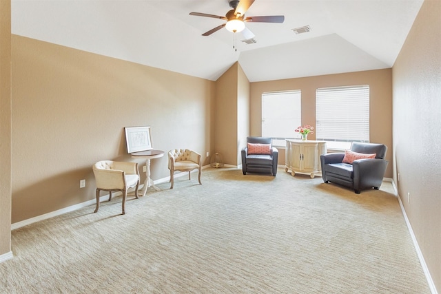 3902 Lakeridge Canyon Dr, Sugar Land, TX 77498 - sitting room with a ceiling fan, light carpet, baseboards, and vaulted ceiling