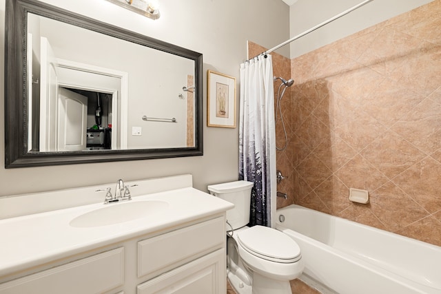 full bathroom with toilet, shower / bathtub combination with curtain, and vanity
