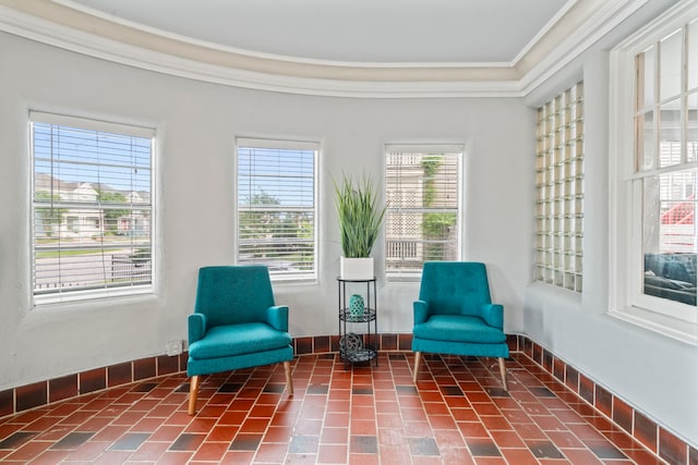 living area featuring ornamental molding