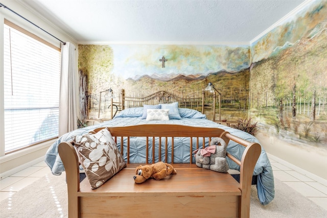 tiled bedroom featuring multiple windows, baseboards, a textured ceiling, and crown molding