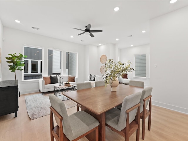 dining room featuring recessed lighting, visible vents, baseboards, light wood-style flooring, and ceiling fan