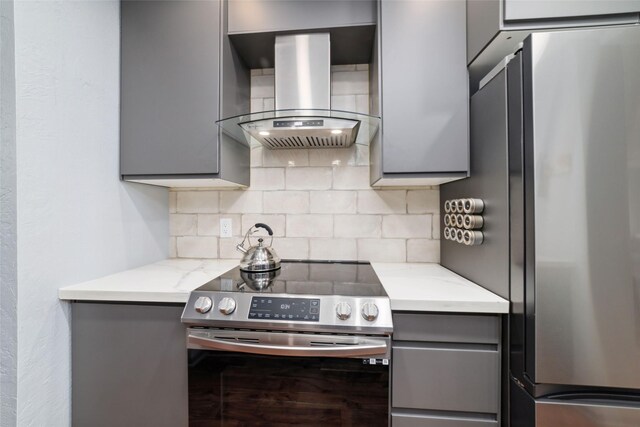 8924 Chatsworth Dr, Houston, TX 77024 - kitchen featuring appliances with stainless steel finishes, gray cabinets, wall chimney range hood, and tasteful backsplash