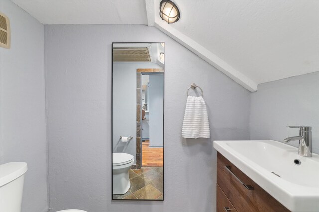 8924 Chatsworth Dr, Houston, TX 77024 - bathroom with toilet, vaulted ceiling, and vanity