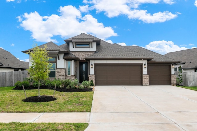 8703 Winter Edge Dr, Richmond, TX 77407 - prairie-style house with a front yard, an attached garage, brick siding, stucco siding, and fence
