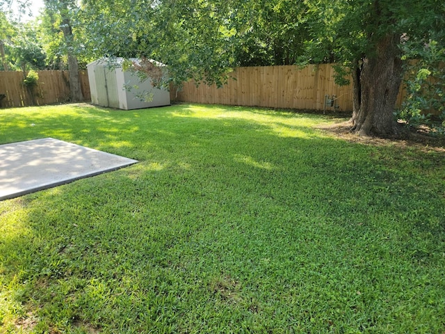 view of yard with a patio area, a fenced backyard, an outbuilding, and a shed