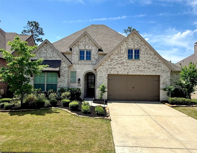 french provincial home with a shingled roof, concrete driveway, a front lawn, and brick siding