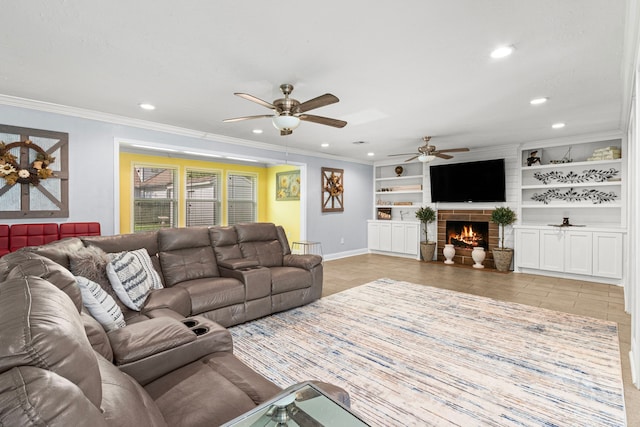 living room featuring ornamental molding, baseboards, a ceiling fan, and recessed lighting