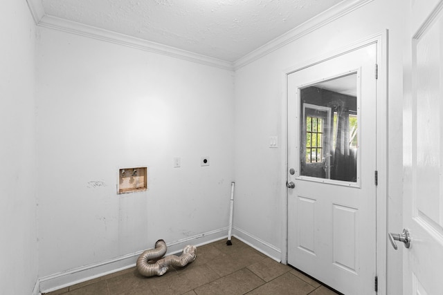 clothes washing area featuring tile patterned floors, hookup for a washing machine, electric dryer hookup, ornamental molding, and laundry area