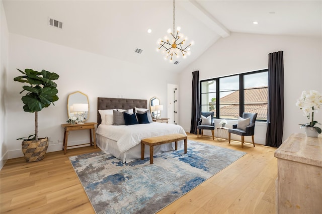 bedroom featuring light wood-type flooring, visible vents, an inviting chandelier, beamed ceiling, and high vaulted ceiling