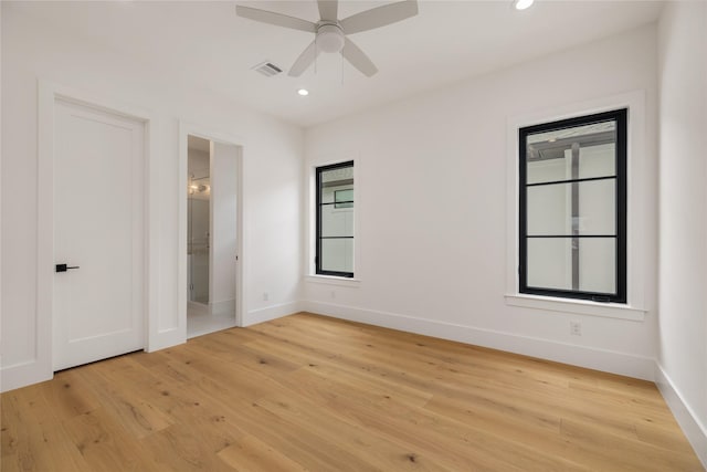 unfurnished bedroom with recessed lighting, visible vents, light wood finished floors, and baseboards