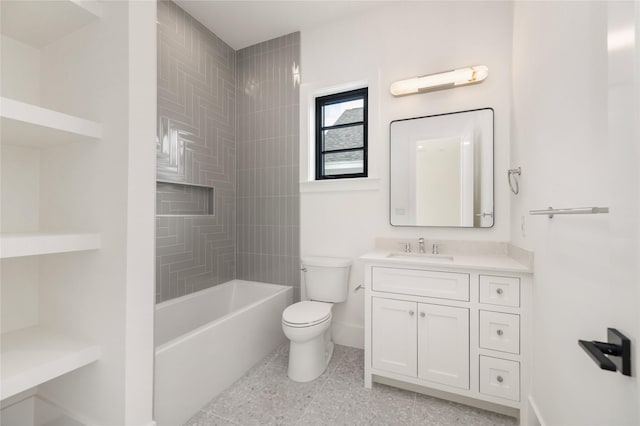 full bath with shower / bathing tub combination, baseboards, vanity, and toilet