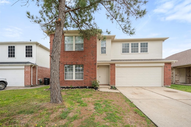 8027 Lavage Ln, Baytown, TX 77521 - traditional-style home with a garage, brick siding, a front yard, and concrete driveway