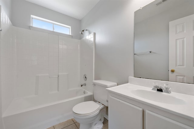 8027 Lavage Ln, Baytown, TX 77521 - bathroom with tile patterned floors, toilet, shower / bathing tub combination, visible vents, and vanity