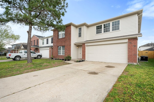 8027 Lavage Ln, Baytown, TX 77521 - traditional-style house featuring concrete driveway, an attached garage, cooling unit, a front yard, and brick siding