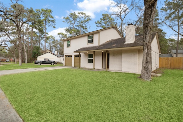 traditional-style home featuring concrete driveway, a front lawn, fence, a garage, and brick siding