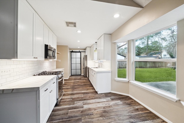kitchen featuring dark wood-style floors, stainless steel appliances, visible vents, and a sink