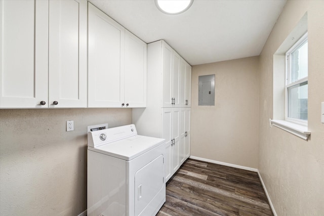 clothes washing area featuring washer / dryer, dark wood-type flooring, electric panel, baseboards, and cabinet space