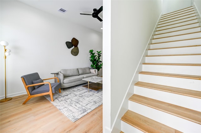 4009 New Orleans St A/B, Unit A/B Houston, TX 77020 - stairs featuring baseboards, a ceiling fan, wood finished floors, and visible vents