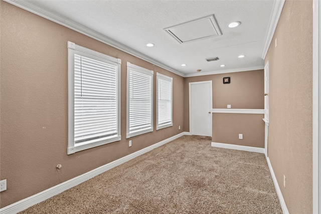 807 Birch Dr, Pasadena, TX 77503 - unfurnished room with crown molding, attic access, recessed lighting, carpet floors, and baseboards